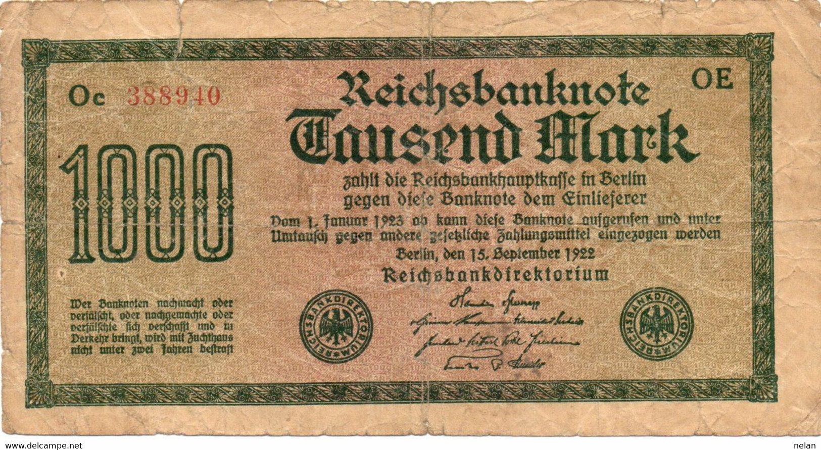 GERMANIA -1000 MARK 1922 -  Wor:P-76b.1.2, Ros:R-75d - Filigrana:  Dornen - 1.000 Mark