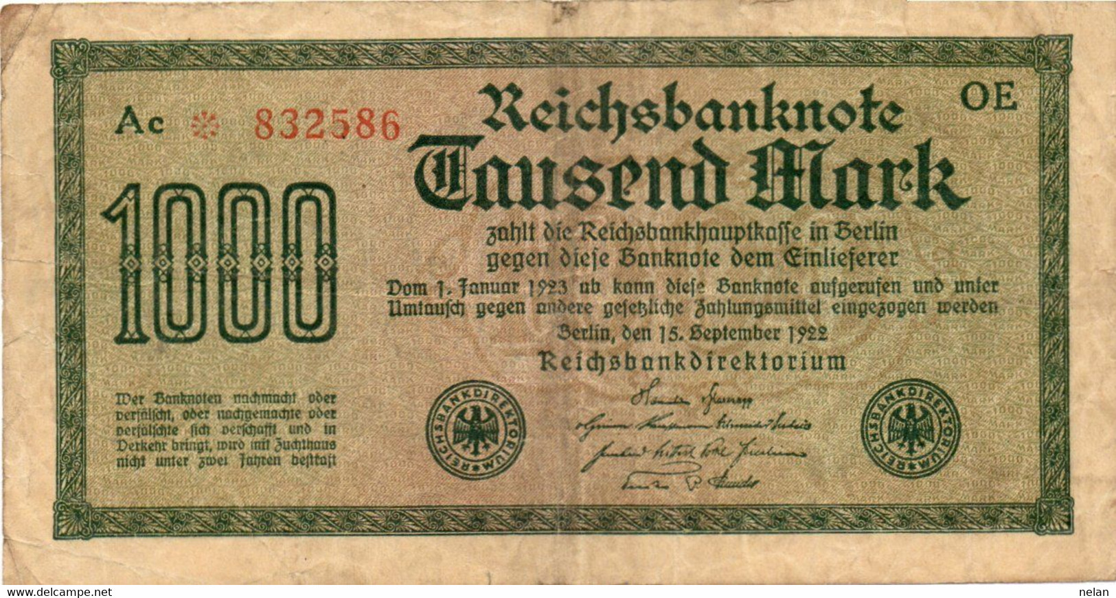 GERMANIA -1000 MARK 1922 - Wor:P-76b.2.2  - Filigrana: Dornen - 1000 Mark