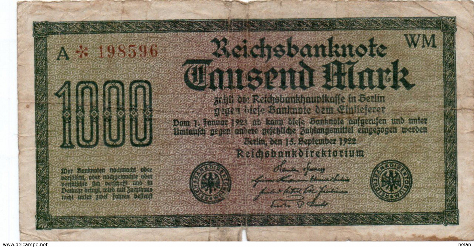 GERMANIA -1000 MARK 1922 - Wor:P-76c.3b  - Filigrana: Maander RARA - 1000 Mark