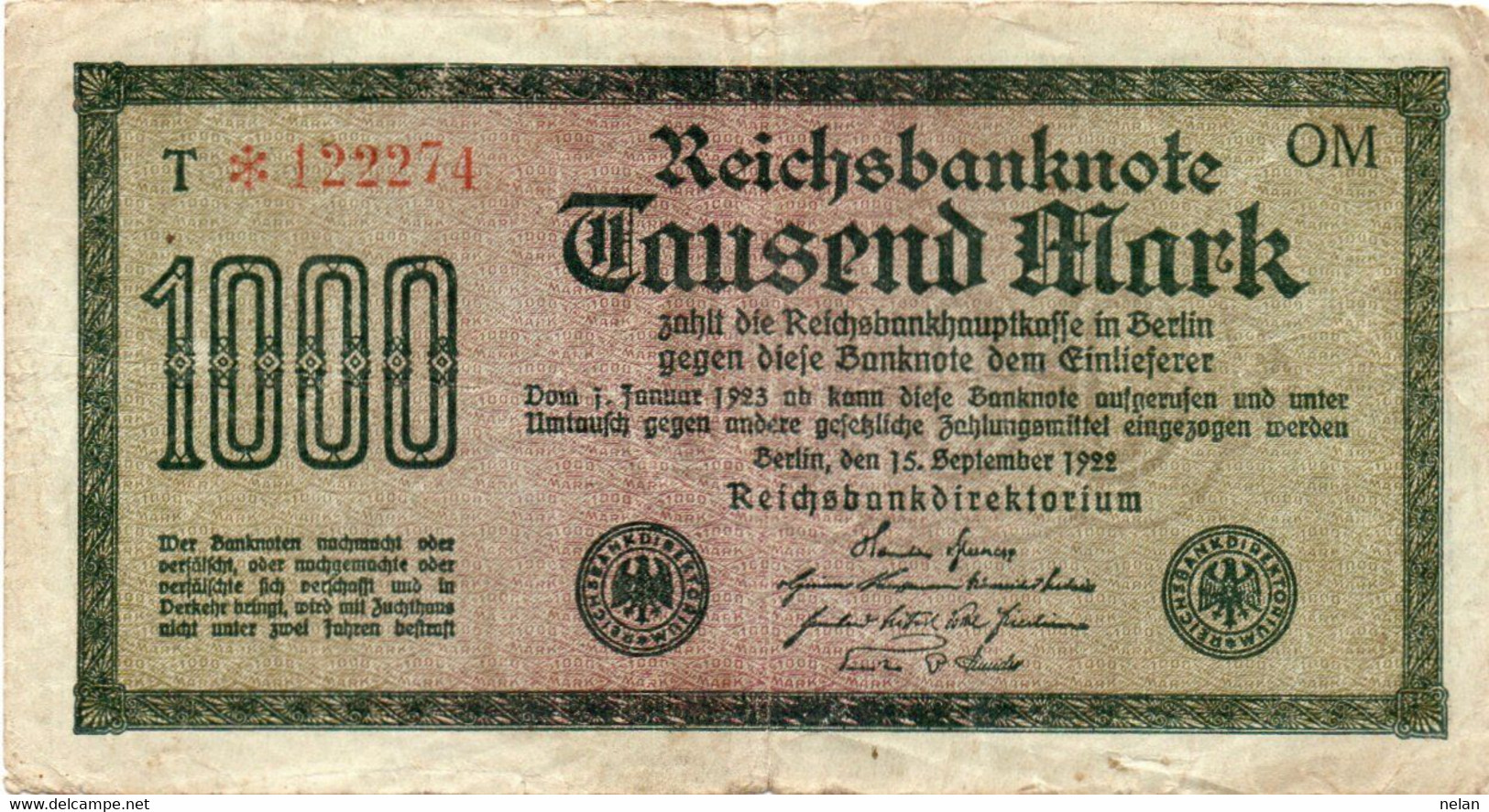 GERMANIA -1000 MARK 1922 -  Wor:P-76g.2.2 - Filigrana: Wellen - 1.000 Mark