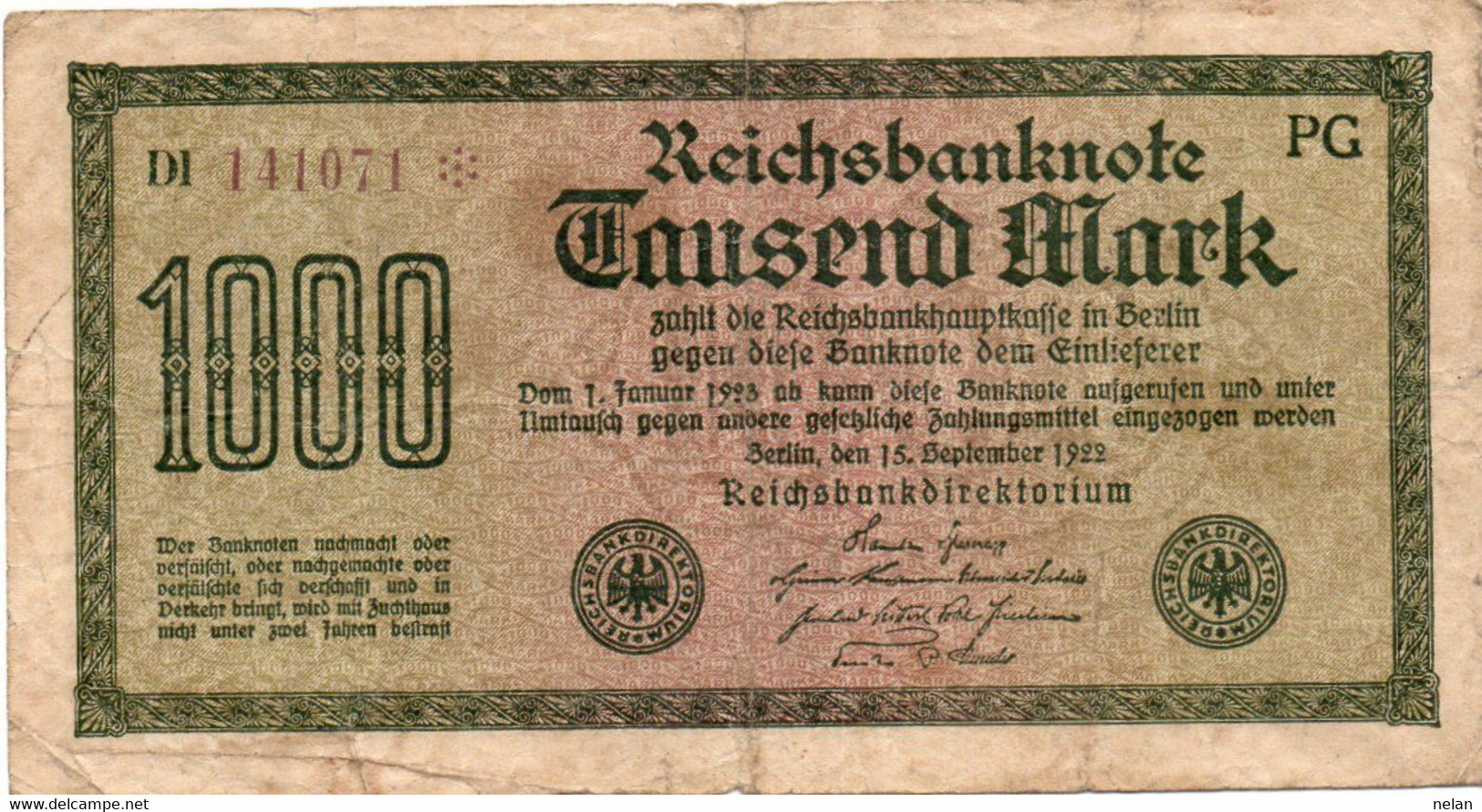 GERMANIA -1000 MARK 1922 -  Wor:P-76d.2b - Filigrana: Kreuzblüten - 1000 Mark