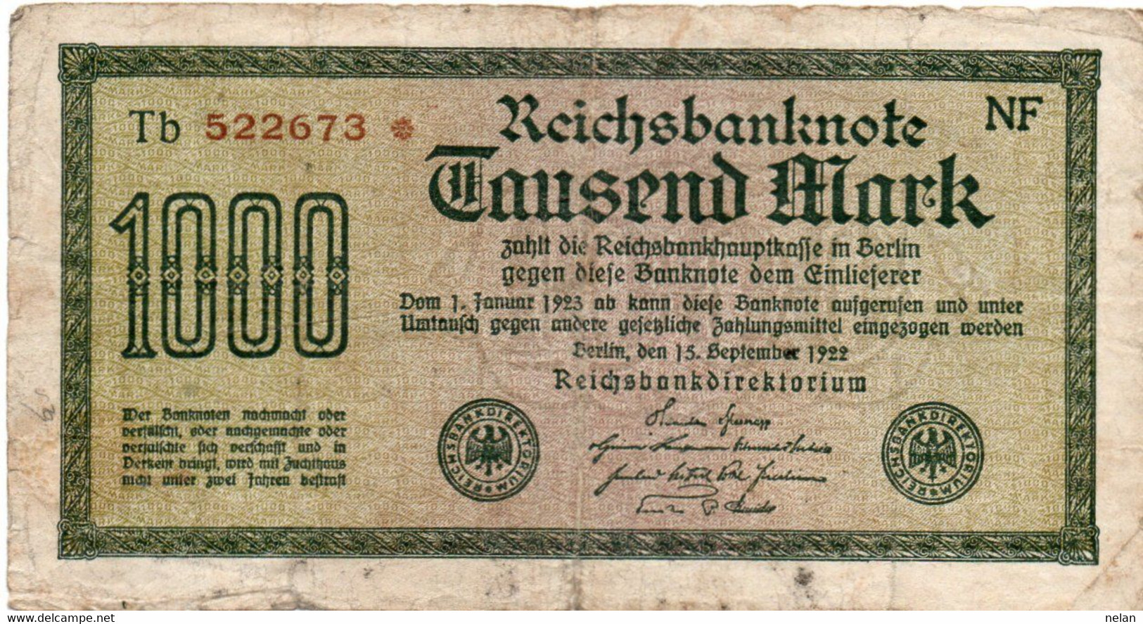 GERMANIA -1000 MARK 1922 -  Wor:P-76c.3b - Filigrana: Maander - 1000 Mark