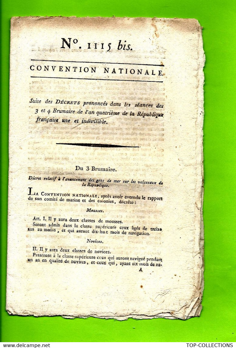 Paris 1795 CONVENTION NATIONALE DECRET SUR LES GENS DE MER VAISSEAUX DE LA REPUBLIQUE MARINE NAVIGATION  Sur 10 Pages - Gesetze & Erlasse