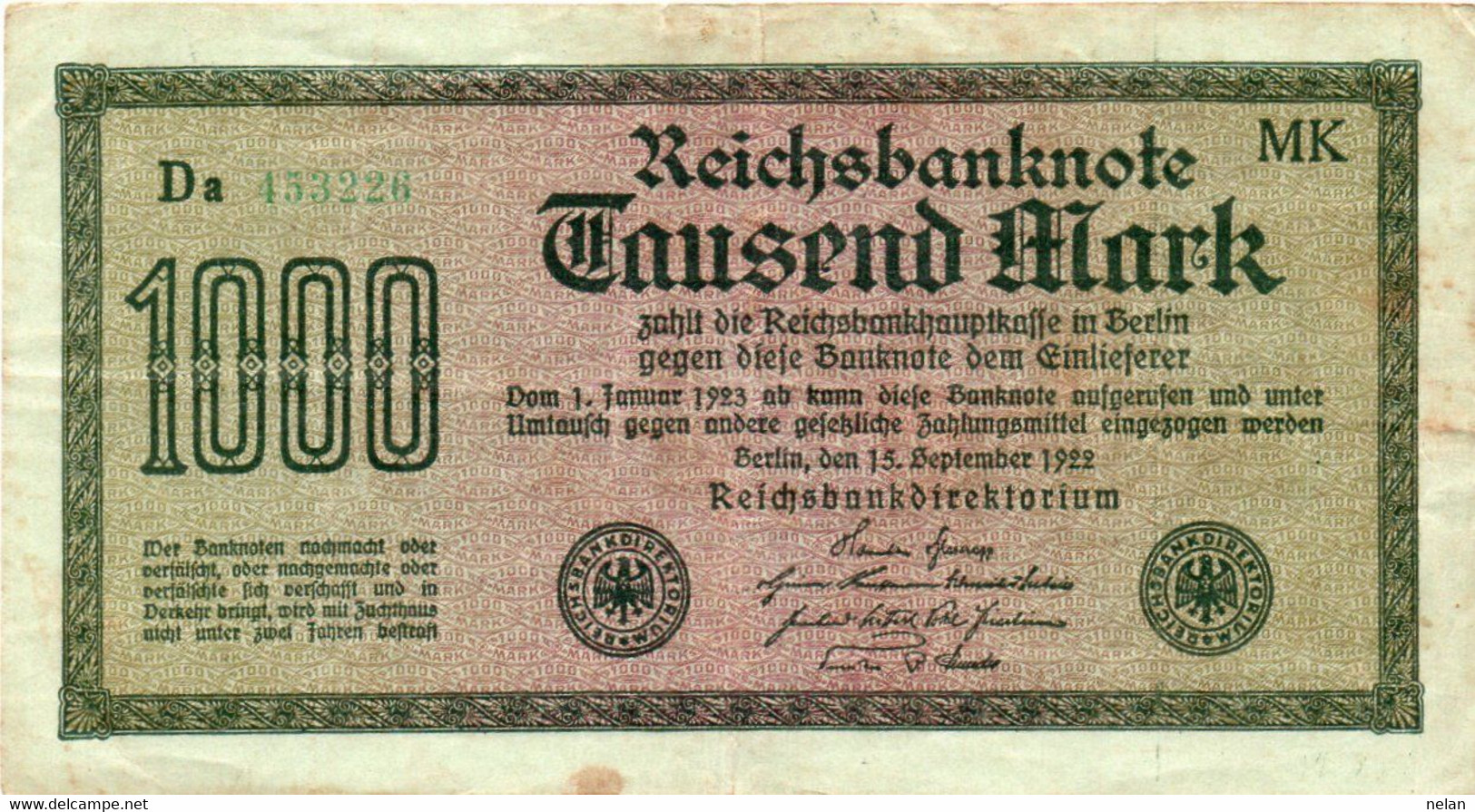 GERMANIA -1000 MARK 1922 - Wor:P-76h.2.3 - Vielecke - 1000 Mark