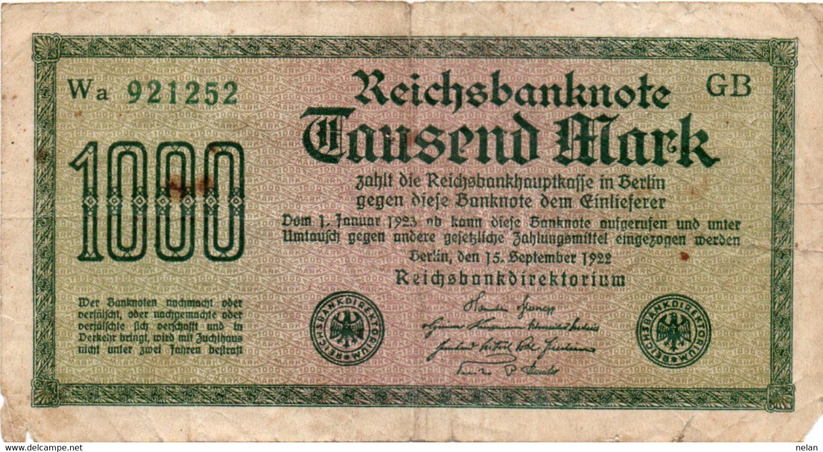 GERMANIA -1000 MARK 1922 -  Wor:P-76e.2, Ros:R-75n - Gitter Mit 8 - 1000 Mark