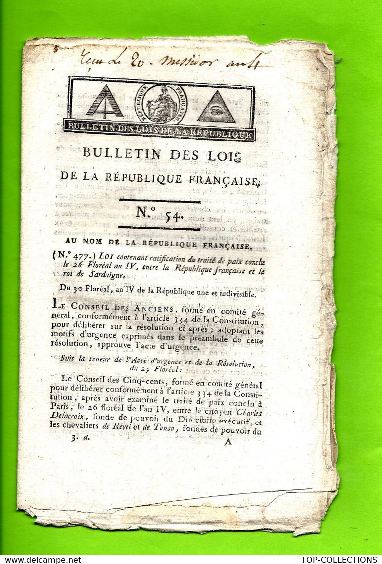 1796 LOI DE LA REPUBLIQUE FRANCAISE Symbole Maçonnique SIGNE MERLIN IMPRIMERIE De LA REPUBLIQUE à PARIS - Decreti & Leggi