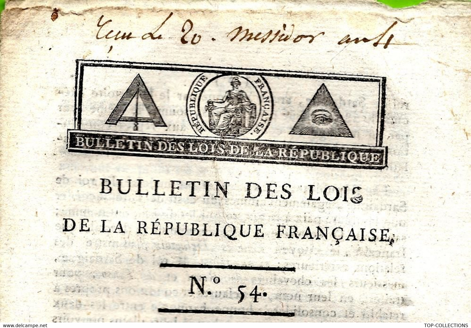 1796 LOI DE LA REPUBLIQUE FRANCAISE Symbole Maçonnique SIGNE MERLIN IMPRIMERIE De LA REPUBLIQUE à PARIS - Decretos & Leyes