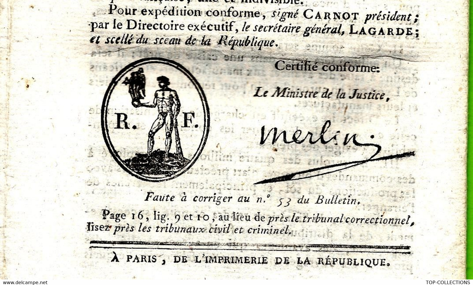 1796 LOI DE LA REPUBLIQUE FRANCAISE Symbole Maçonnique SIGNE MERLIN IMPRIMERIE De LA REPUBLIQUE à PARIS - Decretos & Leyes