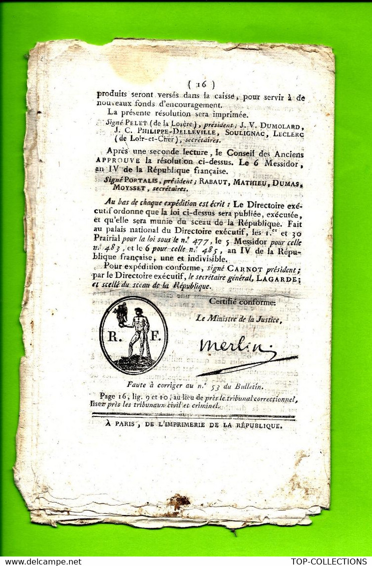 1796 LOI DE LA REPUBLIQUE FRANCAISE Symbole Maçonnique SIGNE MERLIN IMPRIMERIE De LA REPUBLIQUE à PARIS - Decrees & Laws
