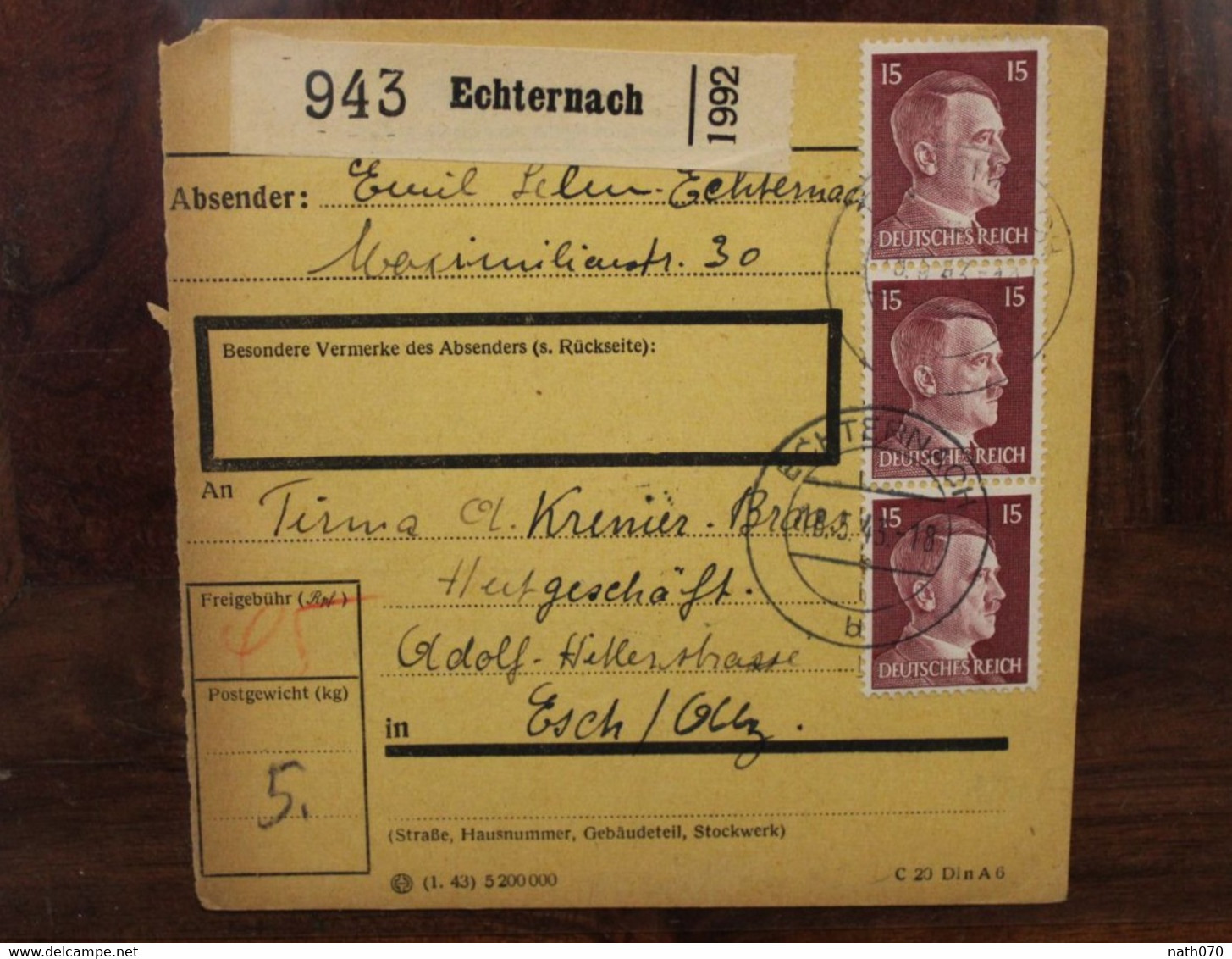 LUXEMBURG 1943 Echternach Esch Alzig Esch-sur-Alzette Cover Luxembourg Besetzung Occupation - 1940-1944 Deutsche Besatzung