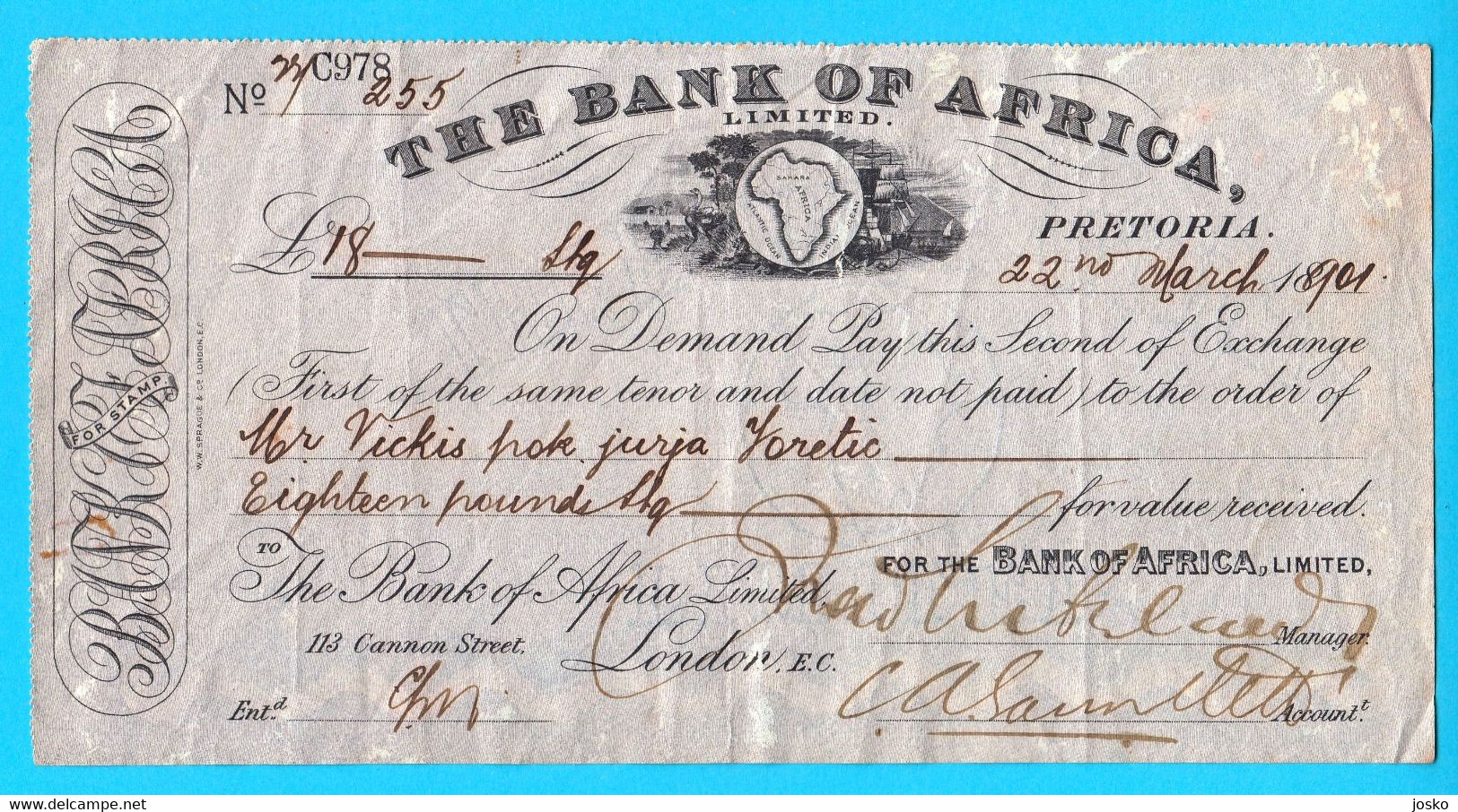 THE BANK OF AFRICA LIMITED - Pretoria 1901 Original Old Bill Of Exchange * South Africa Bond Check RRR - Afrique Du Sud