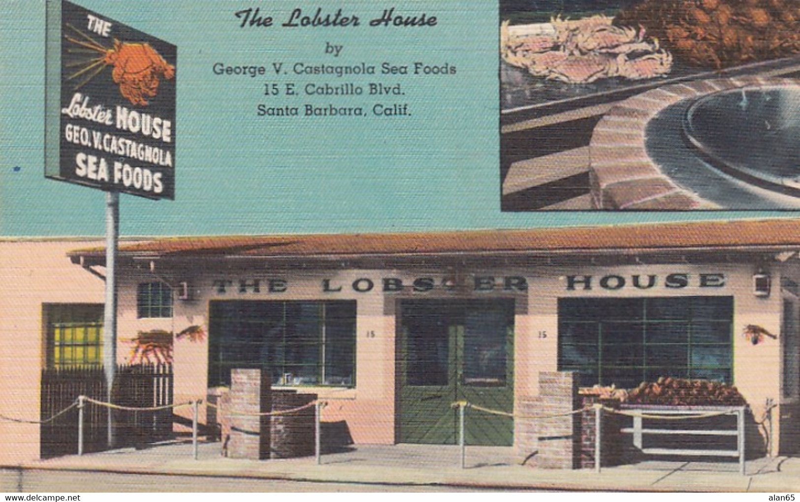 Santa Barbara California, The Lobster House Seafood Restaurant C1940s/50s Vintage Linen Postcard - Santa Barbara