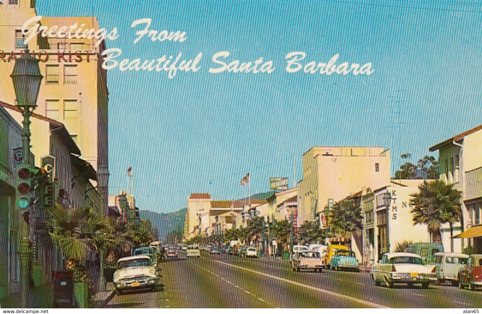 Santa Barbara California, State Street Scene, '50s Autos KIST Radio Sign C1950s Vintage Postcard - Santa Barbara