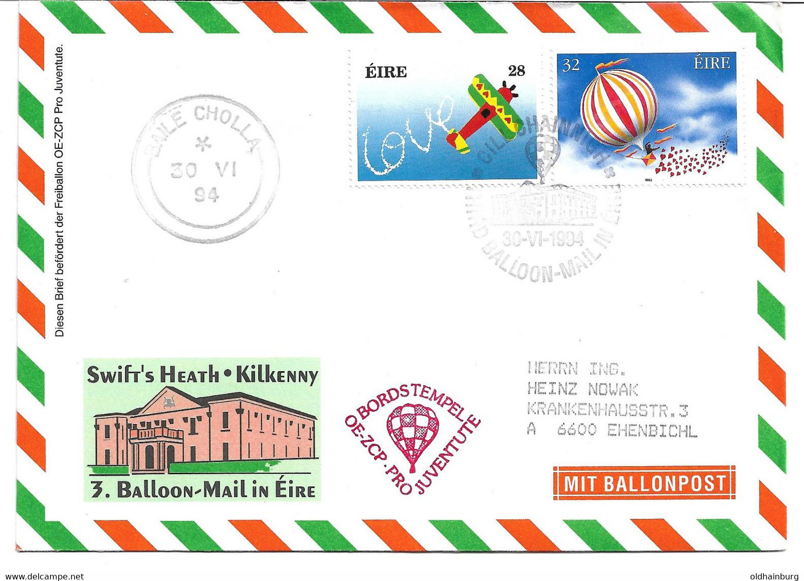 3200t: Motiv Austriaca, Eire- Sonderflug Österreichischer Ballonpostbeleg 1994 - Airmail