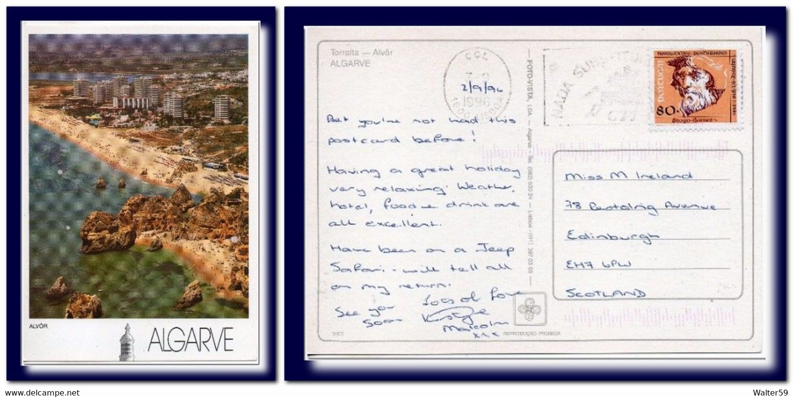 1996 Portugal Postcard Alvor Beach Posted Col To Scotland - Lettres & Documents