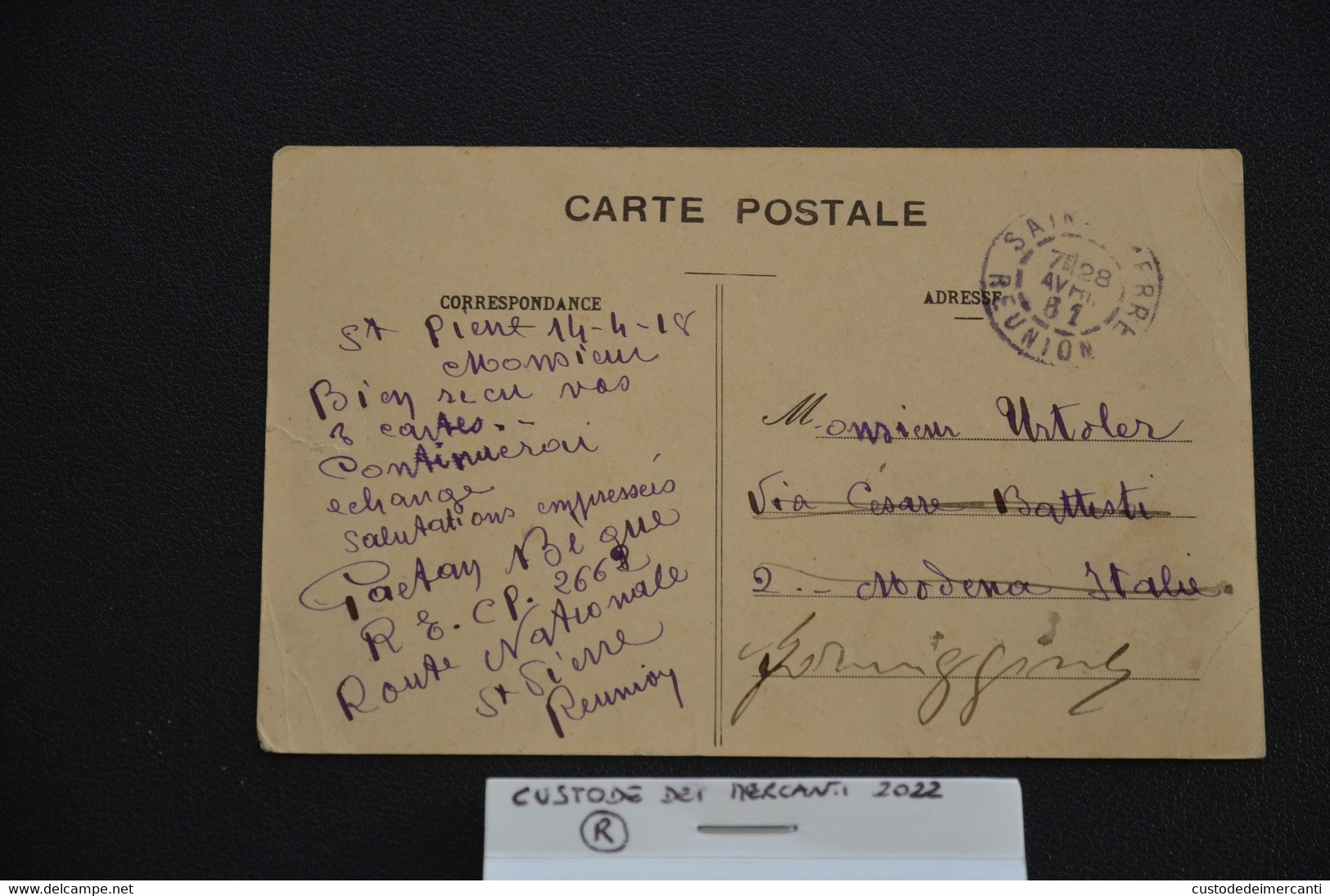 CARTOLINA USED POST CARD AFRICA REUNION INCENDIE DU 1905 ST PAUL EGLISE EN FLAMMES CINQ CENTIMES STAMP VG 1918 TO ITALY - Reunión