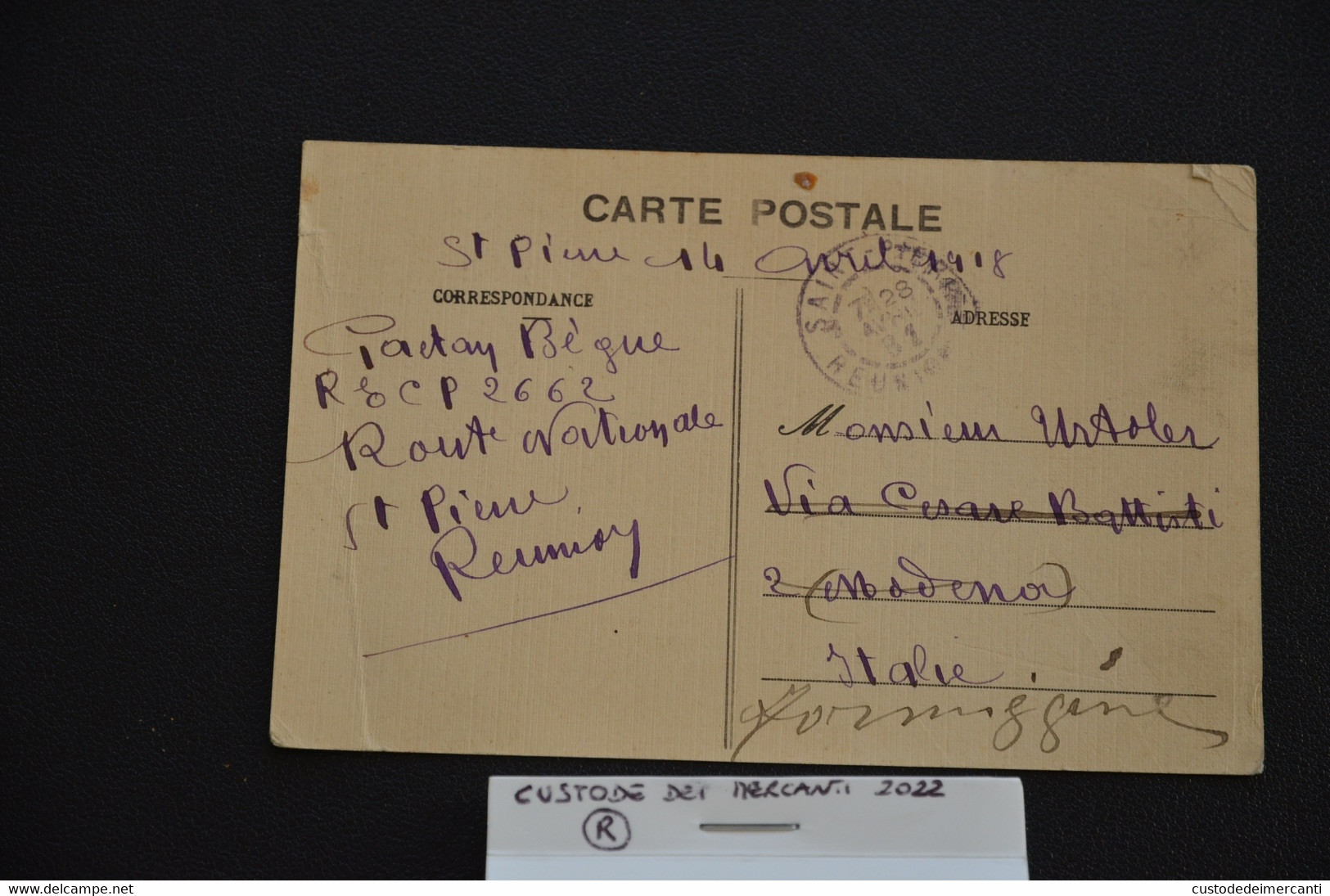 CARTOLINA USED POST CARD AFRICA REUNION UN REPOSOIR A ST. PIERRE  CINQ CENTIMES STAMP VG 1918 TO ITALY - Réunion