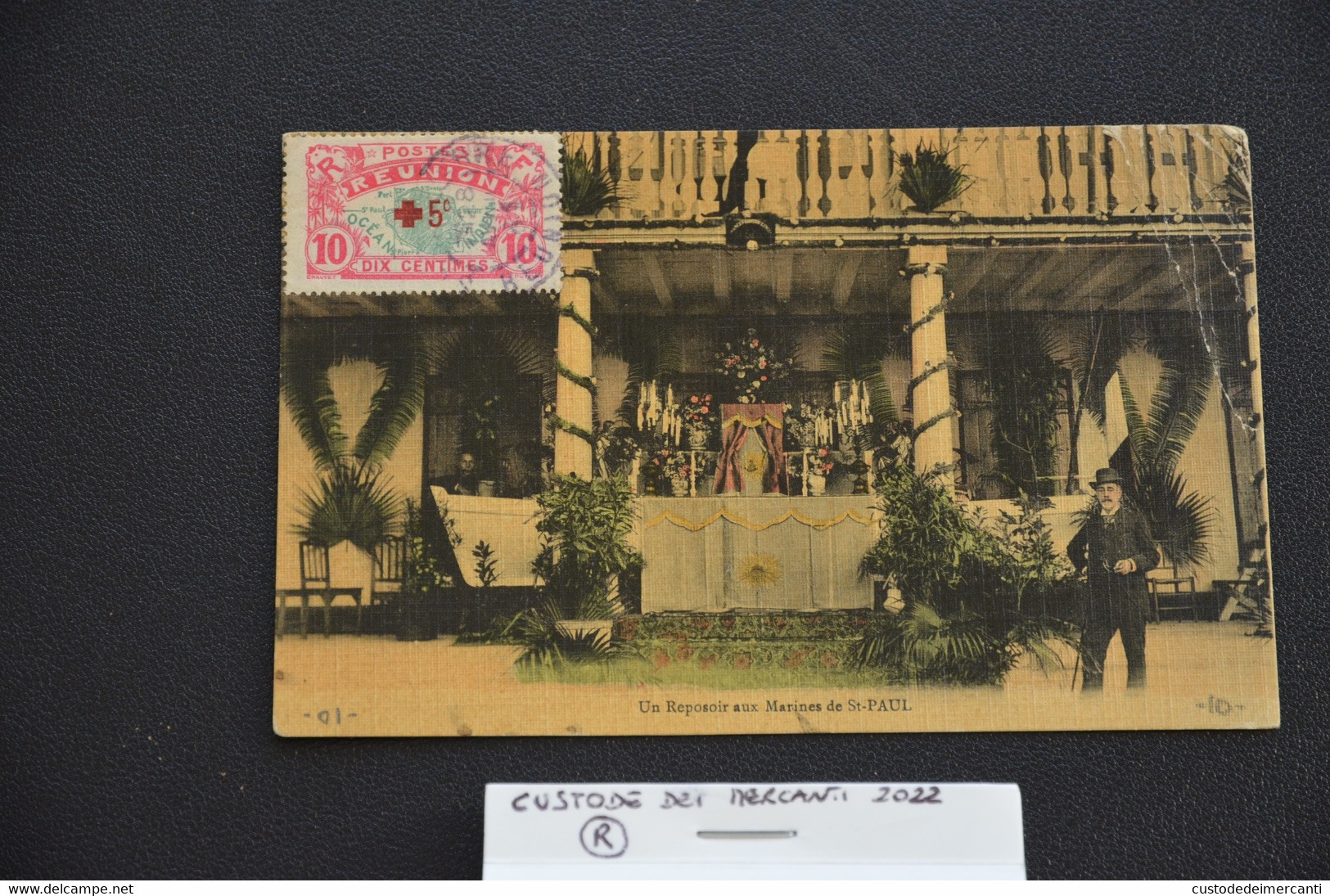 CARTOLINA USED POST CARD AFRICA REUNION UN REPOSOIR AUX MARINES DE ST. PAUL  CINQ CENTIMES STAMP VG 1918 TO ITALY - Reunion