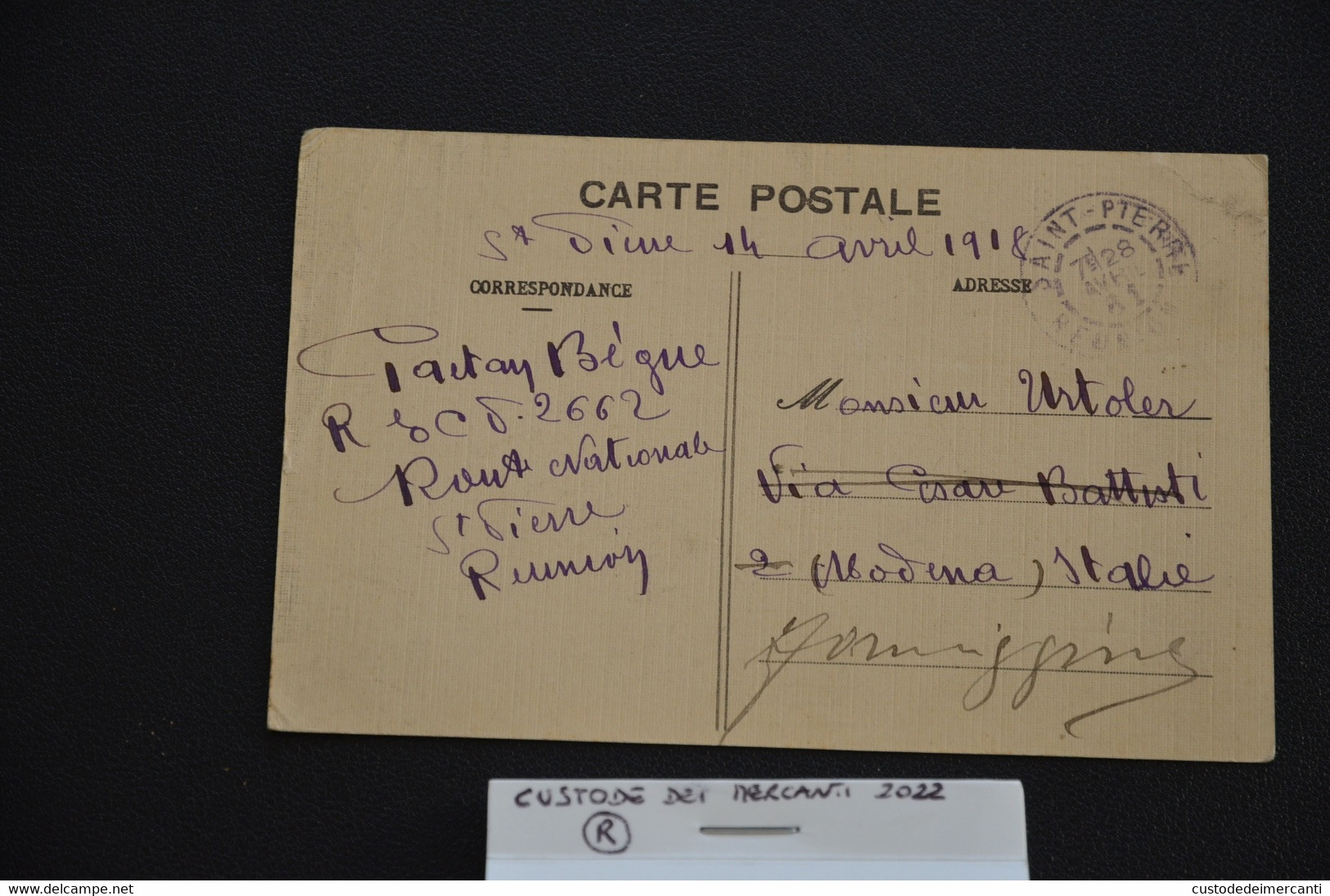 CARTOLINA USED POST CARD AFRICA REUNION UN REPOSOIR AUX MARINES DE ST. PAUL  CINQ CENTIMES STAMP VG 1918 TO ITALY - Réunion