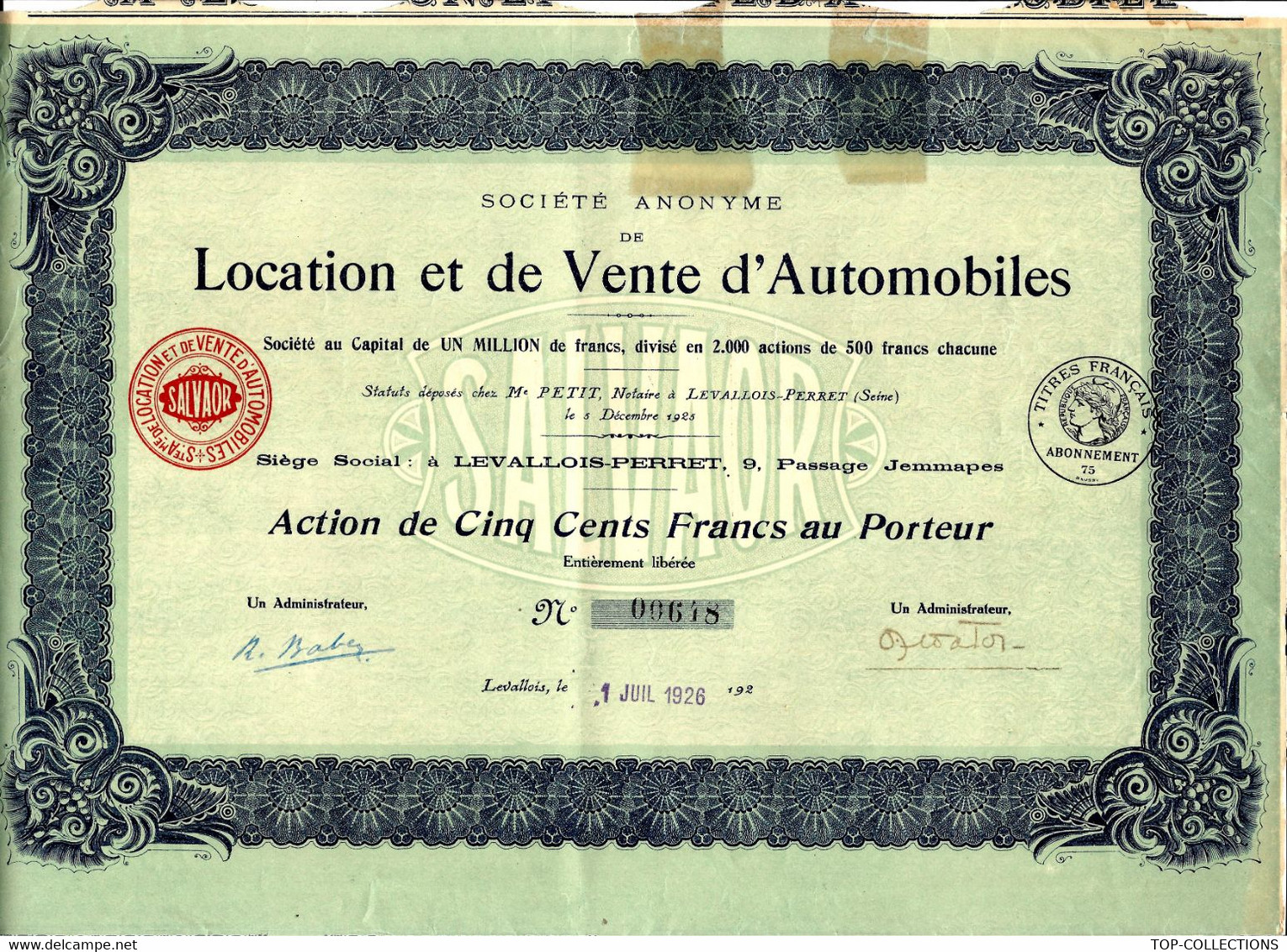 RARE ACTION SOCIETE DE LOCATION ET DE VENTE D AUTOMOBILES LEVALLOIS PERRET 1926 V.DESCRIPT. + SCAN - Auto's