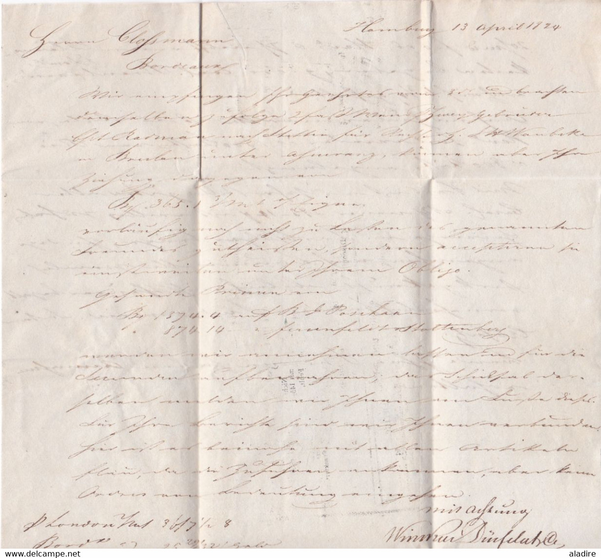 1824 - Lettre pliée en allemand de HAMBURG vers BORDEAUX, France - via Givet - taxe 29