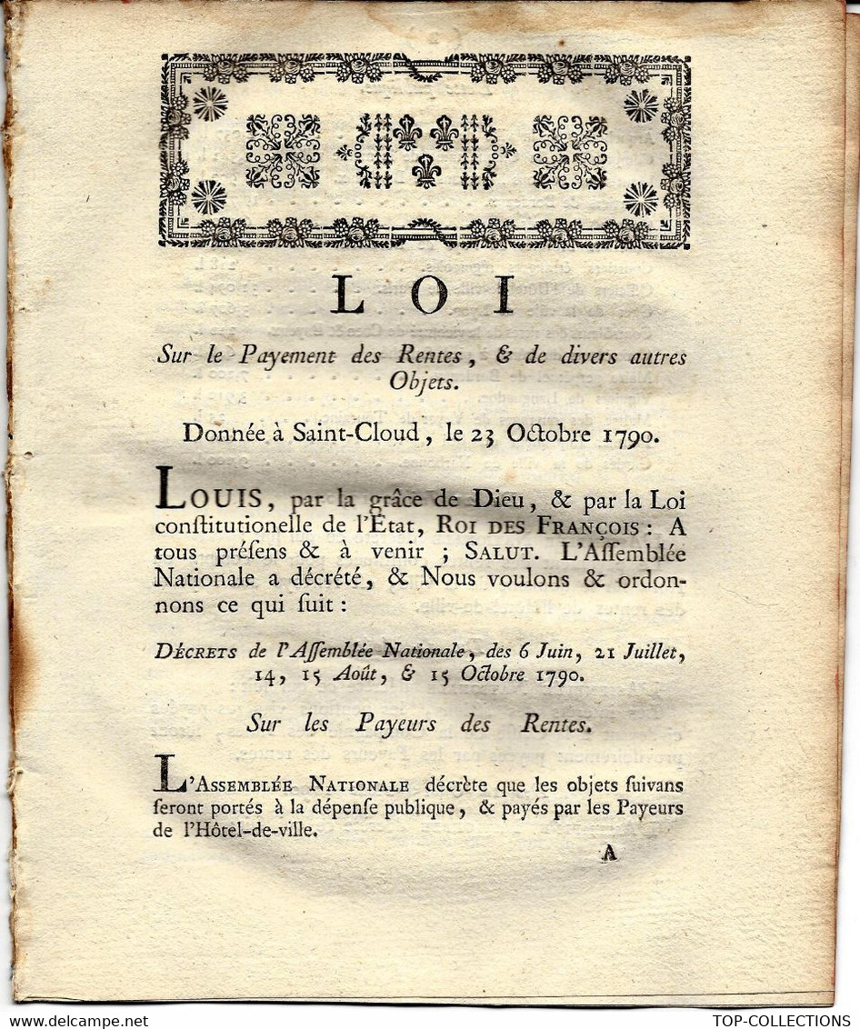 REVOLUTION LOI DU 23 OCTOBRE 1790 RENTES GAGES PAIEMENTS 13 PAGES BON ETAT VOIR SCANS - Decretos & Leyes