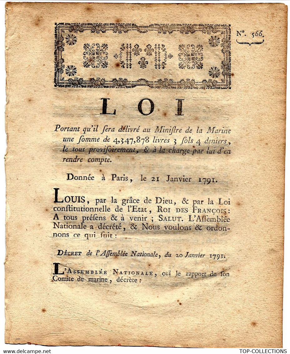 REVOLUTION LOI MINISTERE DE LA MARINE SOMMES ATTRIBUEES 21 JANVIER 1791 2 PAGES B.E. VOIR SCANS - Wetten & Decreten