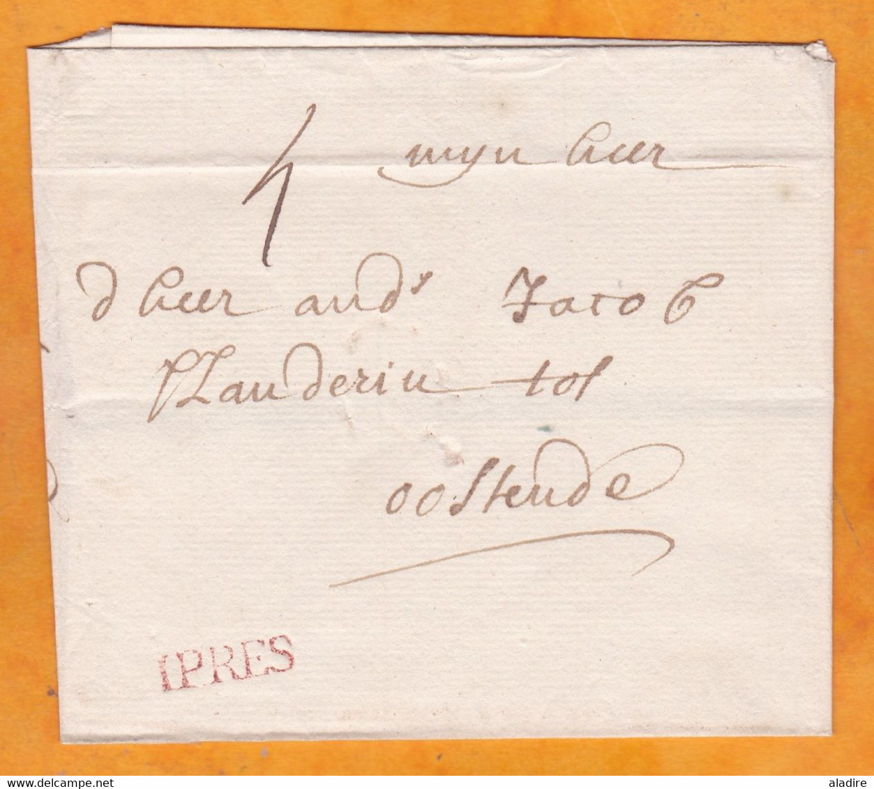 1760 - Marque Postale IPRES En Rouge Sur Enveloppe De YPRES, Ieper, Pays Bas Autrichiens Vers OOSTENDE, Ostende - 1714-1794 (Paises Bajos Austriacos)