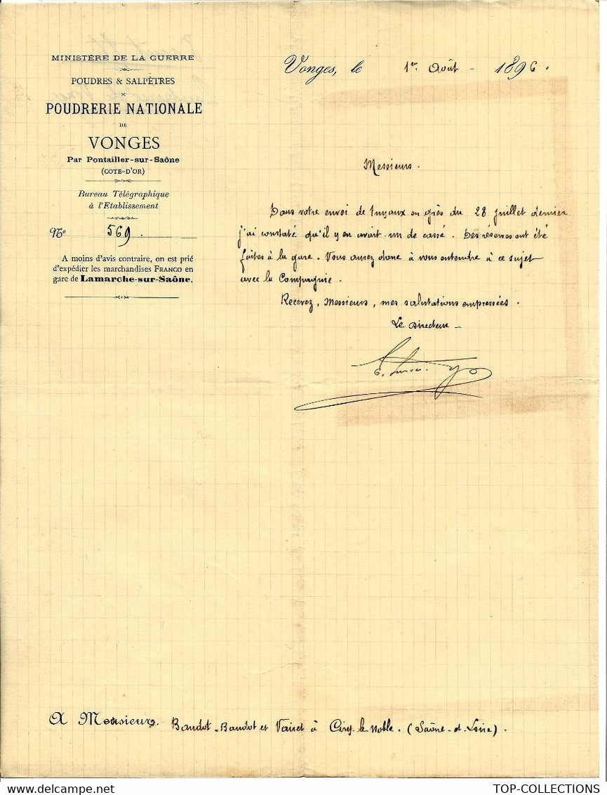 MILITARIA MINISTERE DE LA GUERRE POUDRERIE NATIONALE  VONGES  Cote D'Or 1896 =>BRIQUETERIE BAUDOT VAIRET Ciry Le Noble - Historische Dokumente
