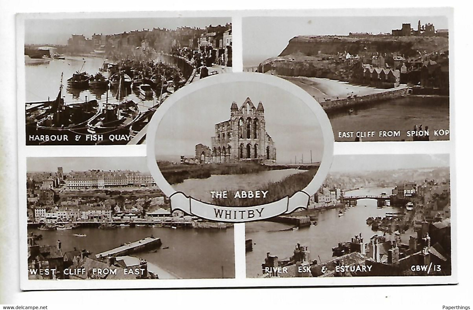 Real Photo Postcard, Whitby, Multi-view Card, Harbour, Bridge, Sea View, Abbey, Boats. - Whitby