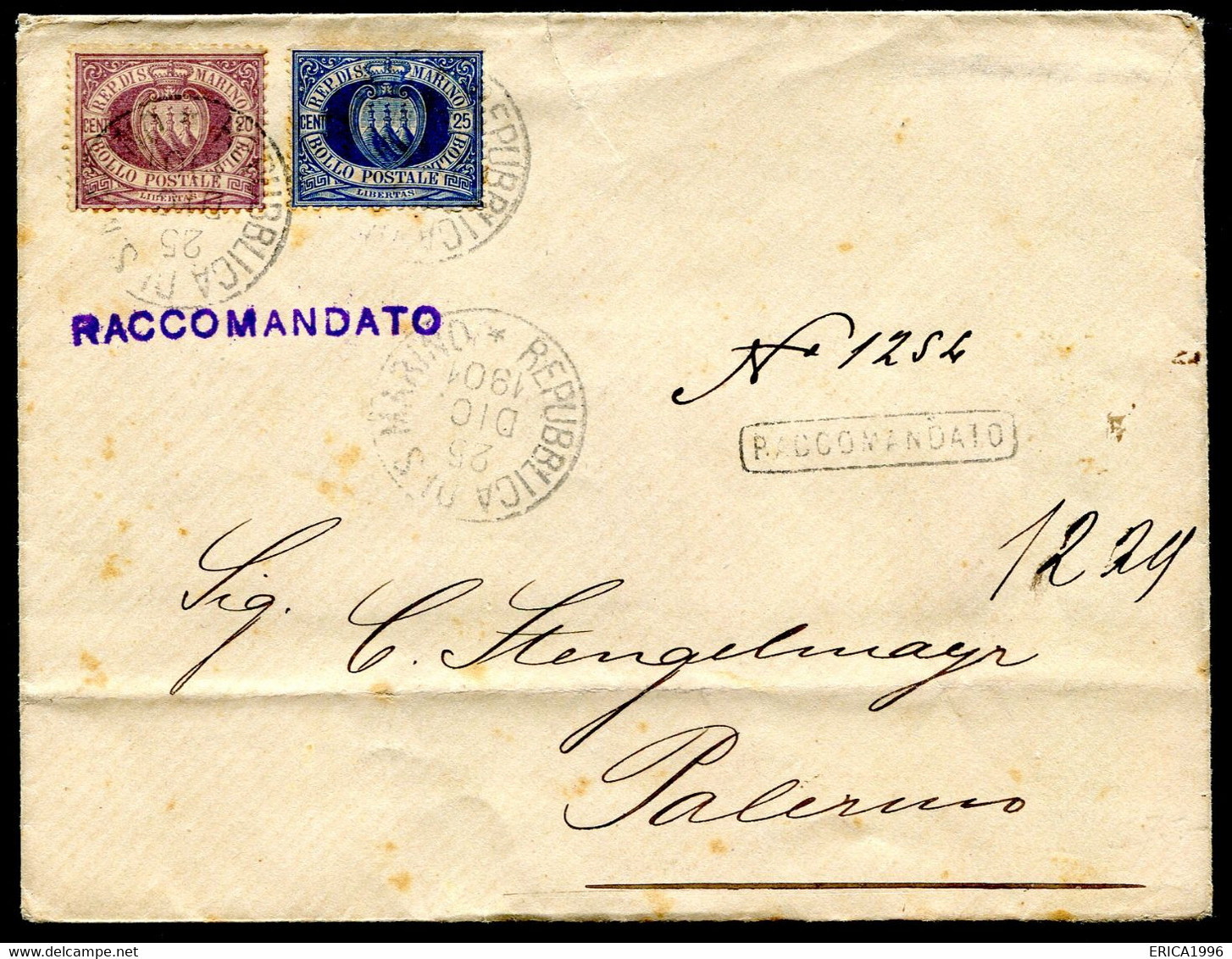 Z3060 SAN MARINO 1901 Raccomandata Affrancata Con Stemma 20 C. + 5 C. (Sassone 29, 30) Da San Marino 25 DIC 1901 Per Pal - Storia Postale