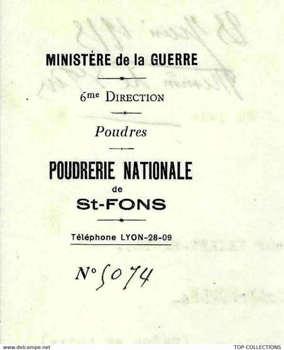 1915 ENTETE MINISTERE DE LA GUERRE POUDRERIE  NATIONALE De St Fons Rhone  Pour Briquetrie Vairet Baudot Ciry Le Noble - Documents Historiques