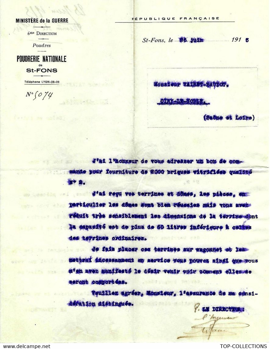 1915 ENTETE MINISTERE DE LA GUERRE POUDRERIE  NATIONALE De St Fons Rhone  Pour Briquetrie Vairet Baudot Ciry Le Noble - Documents Historiques