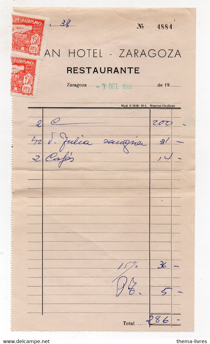 Zaragoza (Espagne)  Facture GRAN HOTEL ZARAGOSA 1962  Avec Timbre Fiscal (PPP34938) - Espagne