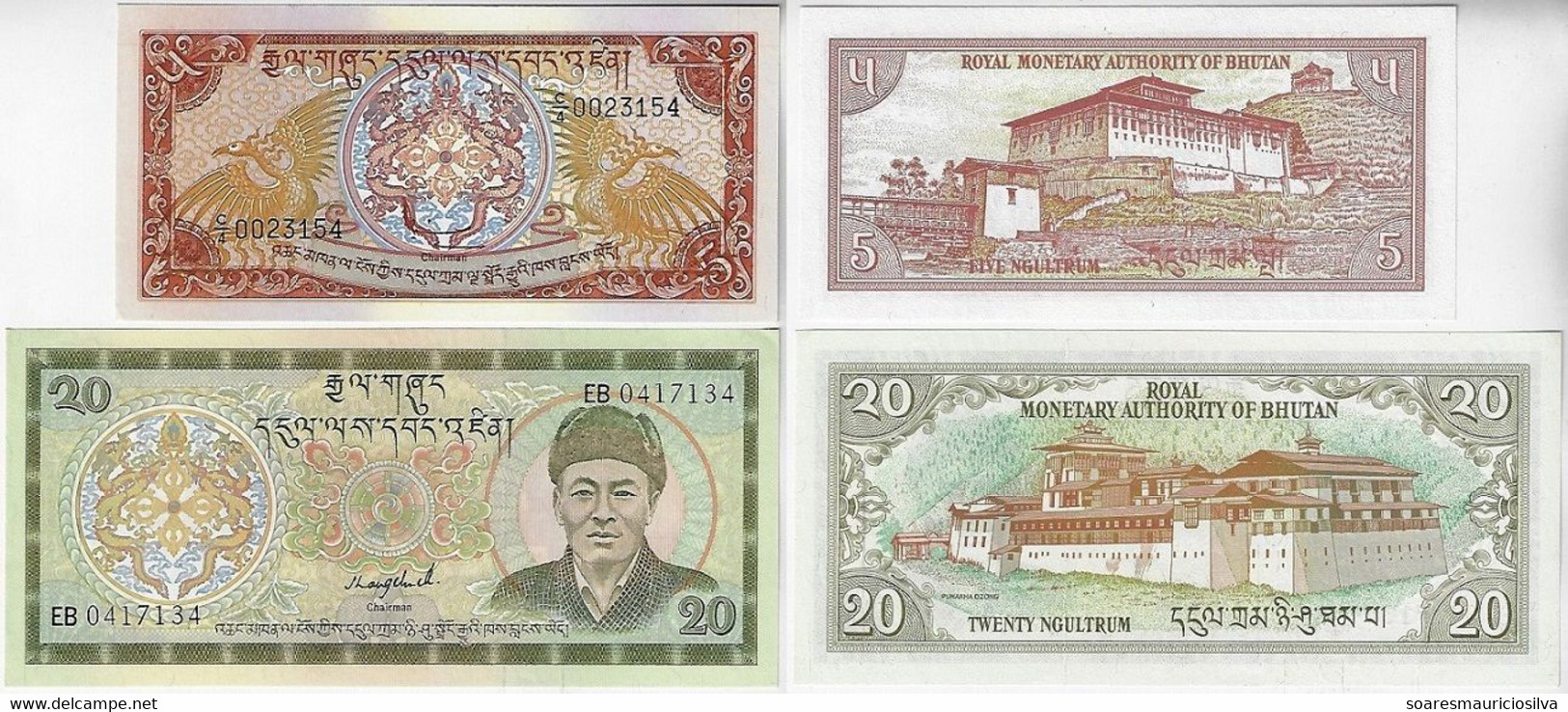 Bhutan Banknote 5 And 20 Ngultrun 1990 / 1992 Pick-14b And 16b Both UNC - Bhoutan