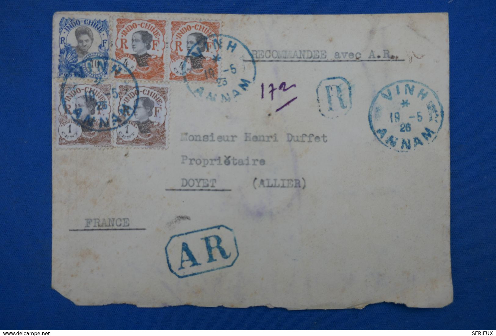 AS2 INDO CHINA BELLE LETTRE RECOM.  1923 PETIT BUREAU  VINH ANNAM  A DOYET FRANCE +PAIRE T.P+C. BLEU+AFFR. PLAISANT - - Lettres & Documents