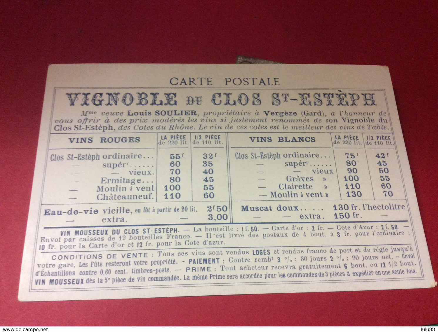 ♦️ VERGEZE  NÎMES. Carte Publicitaire Vignoble De Clos Saint Estephe Propriétaire Soulier - Vergèze
