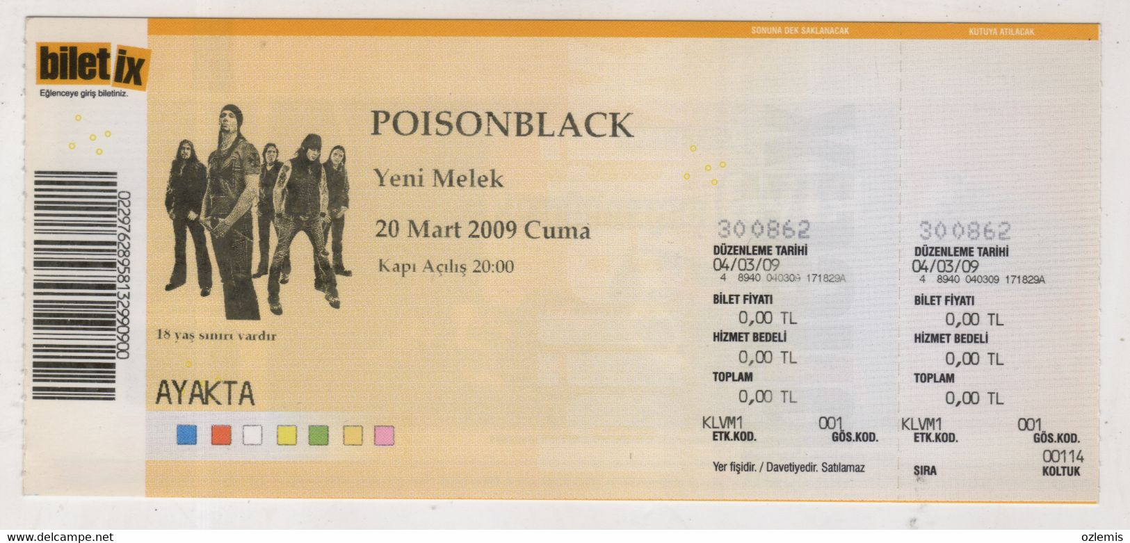 POISONBLACK 2009 CONCERT TICKET ISTANBUL TURKEY ROCK POV - Entradas A Conciertos