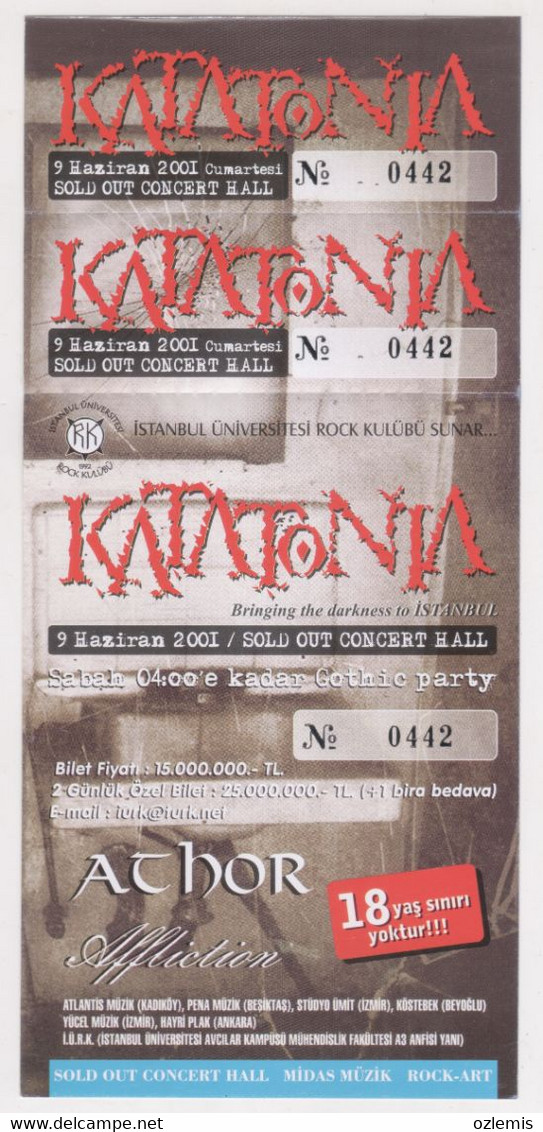 KATATONIA 2001 CONCERT TICKET ISTANBUL TURKEY ROCK POV - Tickets De Concerts