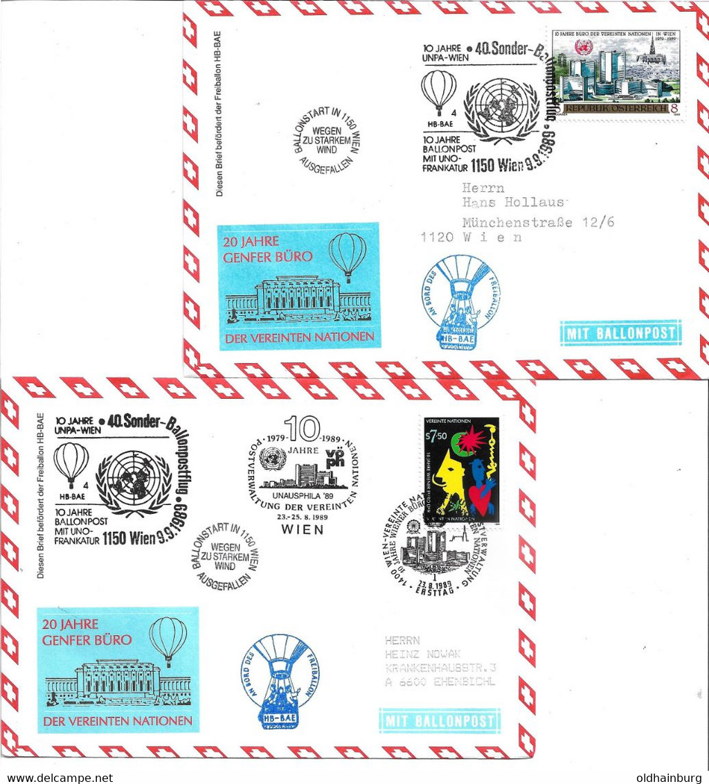 3201q: Austriaca, Ballonpost Mit Österreich- Und UN-Wien- Frankatur Jubiläum 20 Jahre Genfer Büro, 2 Belege Aus 1989 - Aéreo