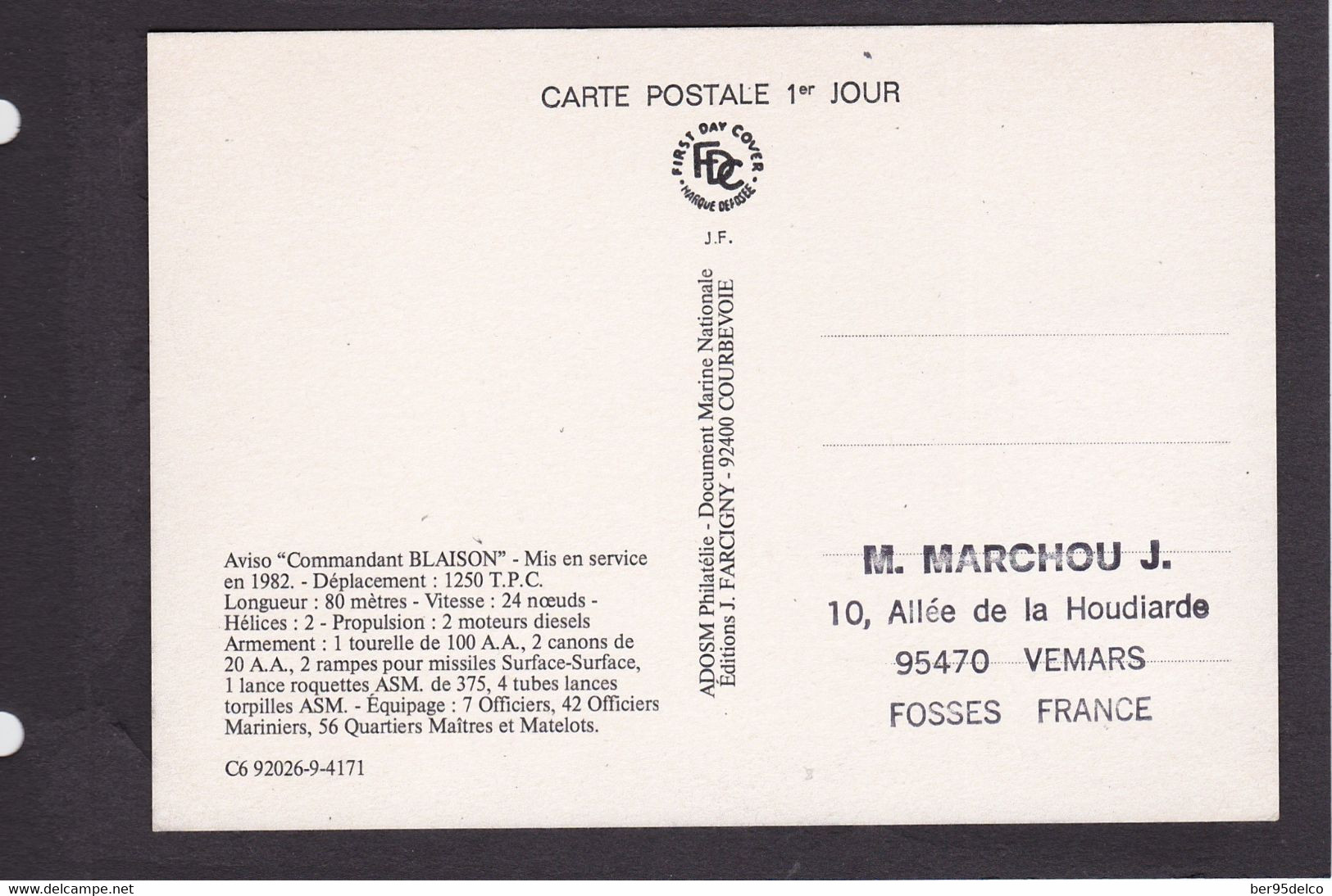 CARTE MAXIMUM 1er JOUR AVISO  COMMANDANT BLAISON F 793 (Scan Recto Verso) - Cartes-maximum