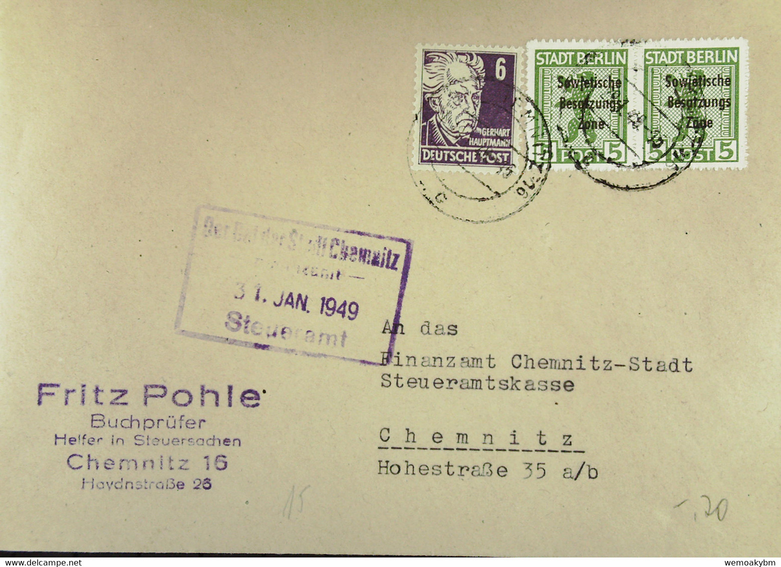 SBZ Brief Aus CHEMNITZ Mit 6 Pf G.Hauptmann Und 5 Pf Berlin Im Waager.Paar Mit SBZ-Aufdruck V 29.1.49  Knr: 213. 200 (2) - Storia Postale