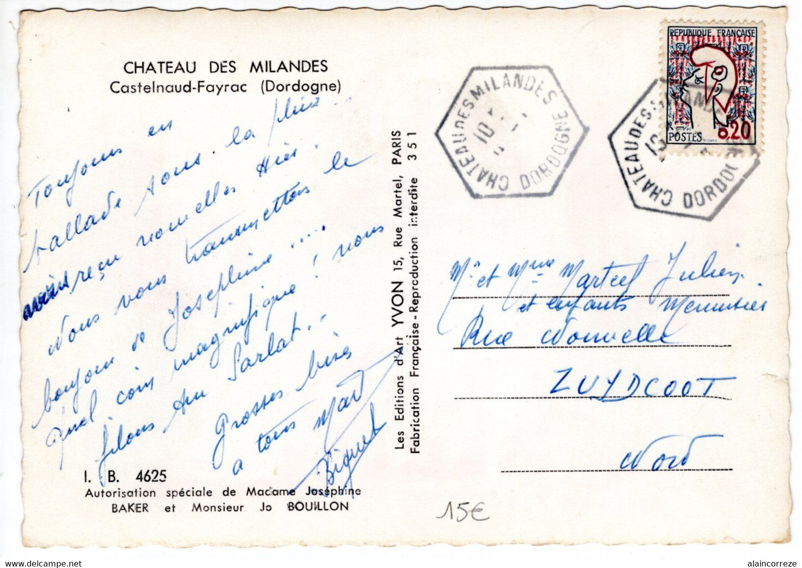 Cachet Manuel Type E7 Dordogne Château Des Milandes Château Ayant été Habité Par Joséphine Baker 1958 - Handstempel