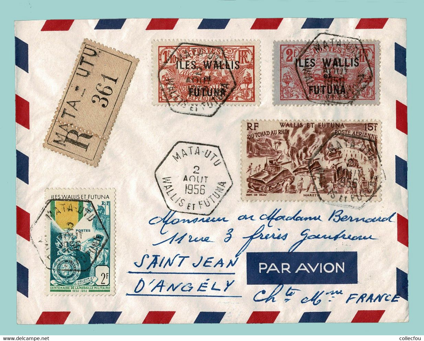 1956. Enveloppe Affranchie Lettre RECOMMANDÉE Par AVION De MATA-UTU En WALLIS ET FUTUNA à 17 St JEAN D'ANGÉLY - Lettres & Documents