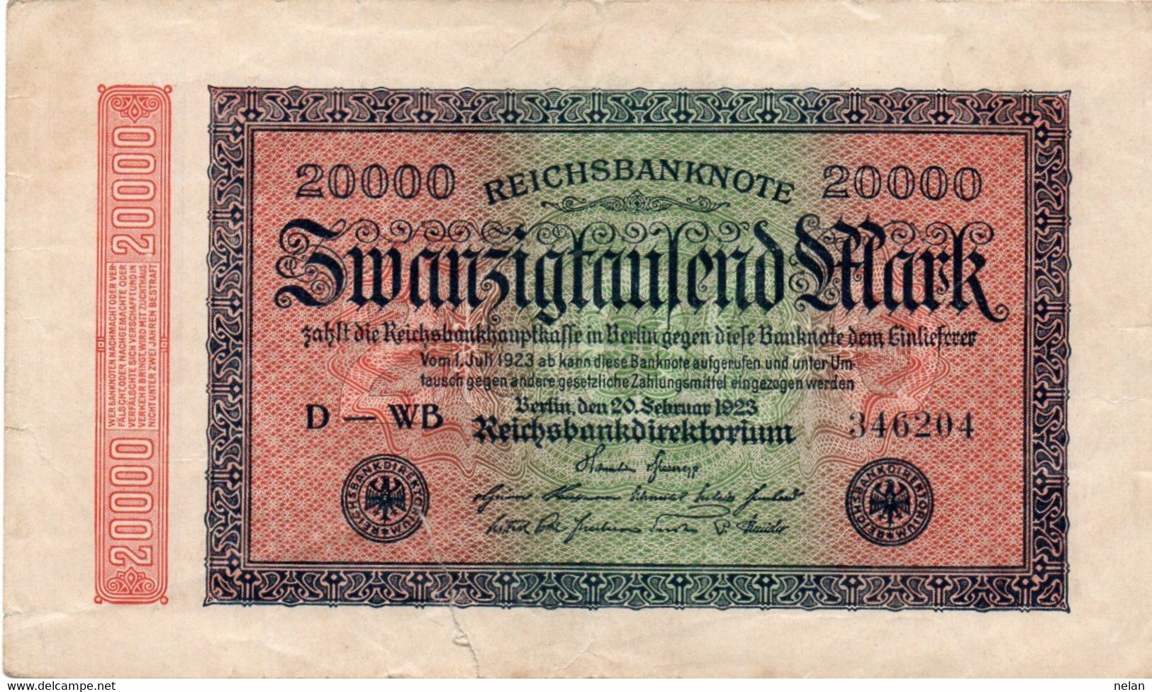 GERMANIA-20000 MARK 1923  - Wor:P-85b.2, Ros:R-84e - Hakensterne  - Circ. (piccolo Strappo ) - 20.000 Mark