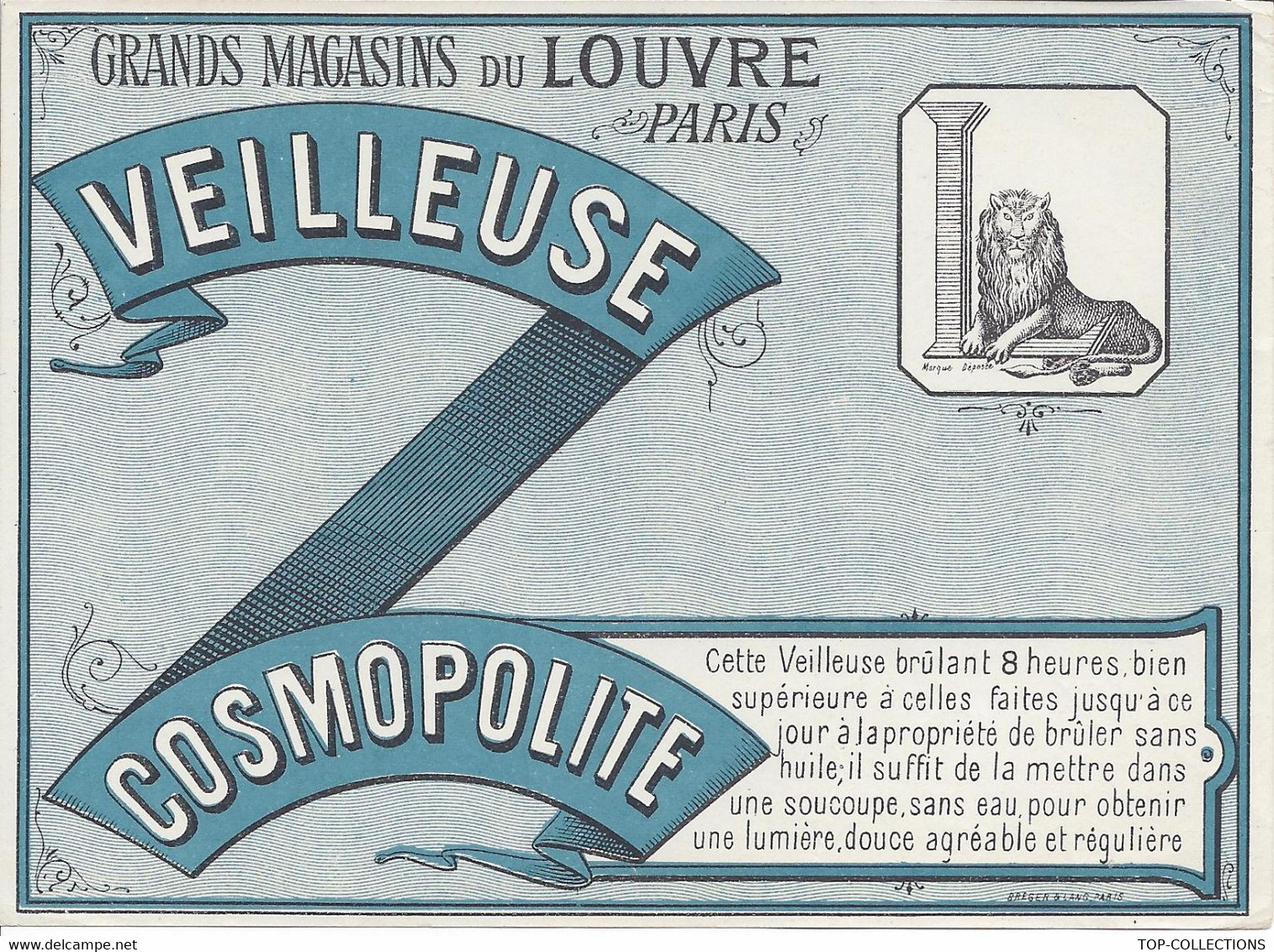 SUPERBE ETIQUETTE PUBLICITAIRE GRANDS MAGASINS DU LOUVRE Circa 1900 PARIS BOUGIE  VEILLEUSE COSMOPOLITE TBE - Publicités