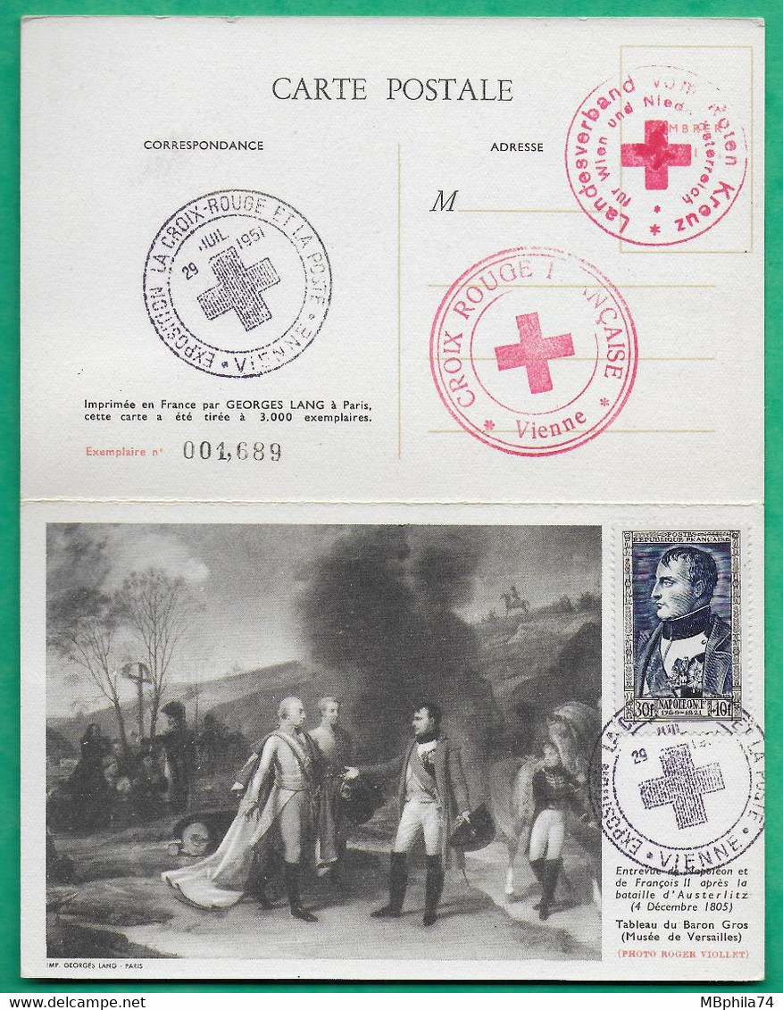 YT N°895 + 896 DEPLIANT DOUBLE CARTE MAXIMUM NAPOLEON TALLEYRAND CROIX ROUGE FRANCAISE VIENNE AUTRICHE 1951 COVER FRANCE - Rode Kruis