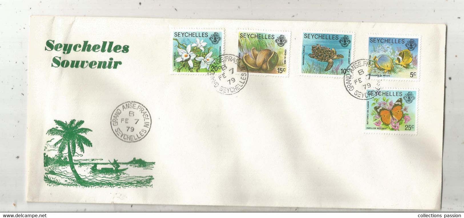 Lettre , SEYCHELLES Souvenir , 5 Timbres, GRAND ANSE PRASLIN ,1979 , 2 Scans , Frais Fr 1.65 E - Seychellen (1976-...)