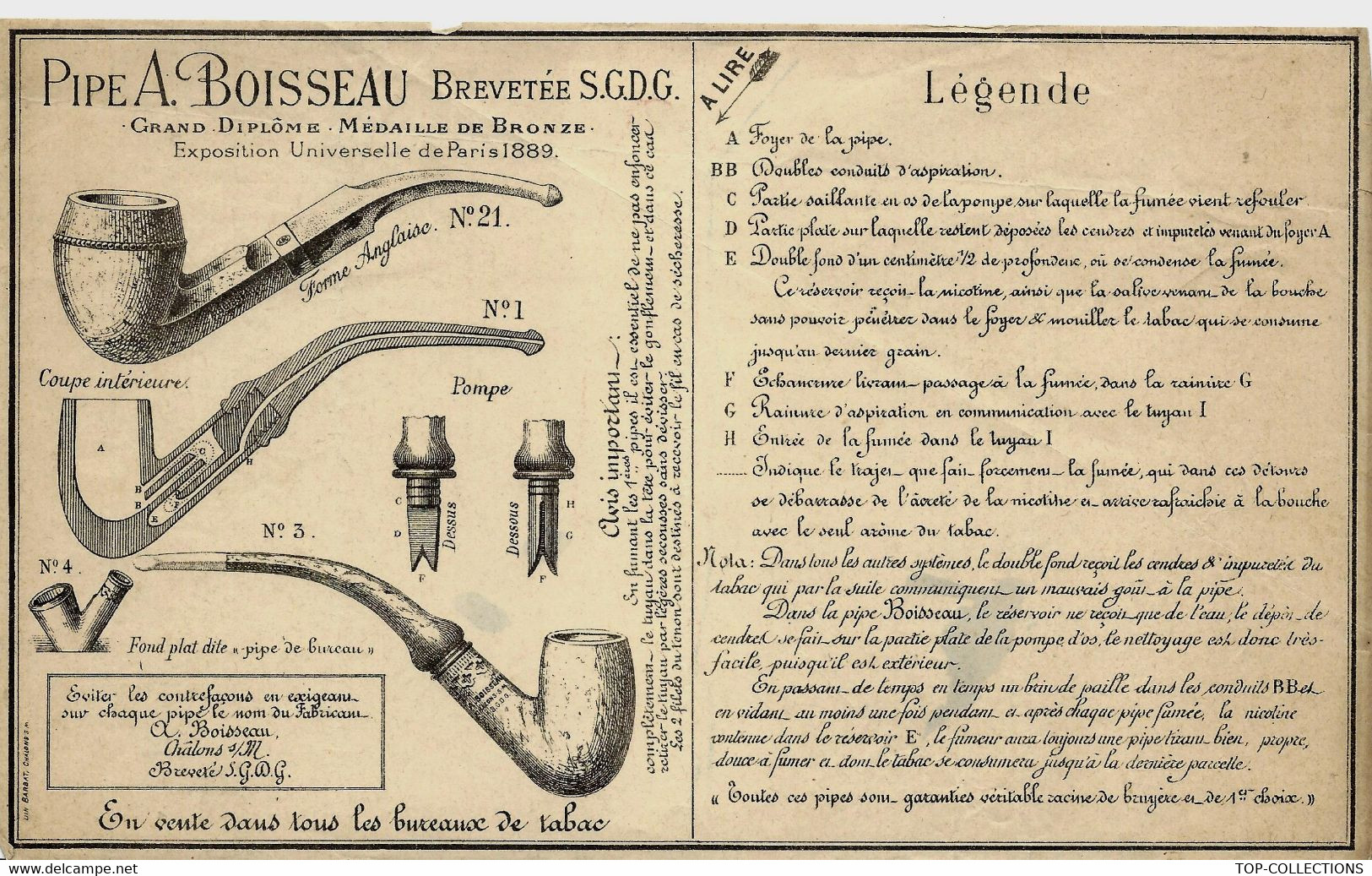 TABAC PIPE FUMEURS  PUBLICITE  Pipe A. Boisseau Fabricant à Chalon S/ Marne (Marne) Brevet   Croquis Et Détails V. SCANS - Publicités