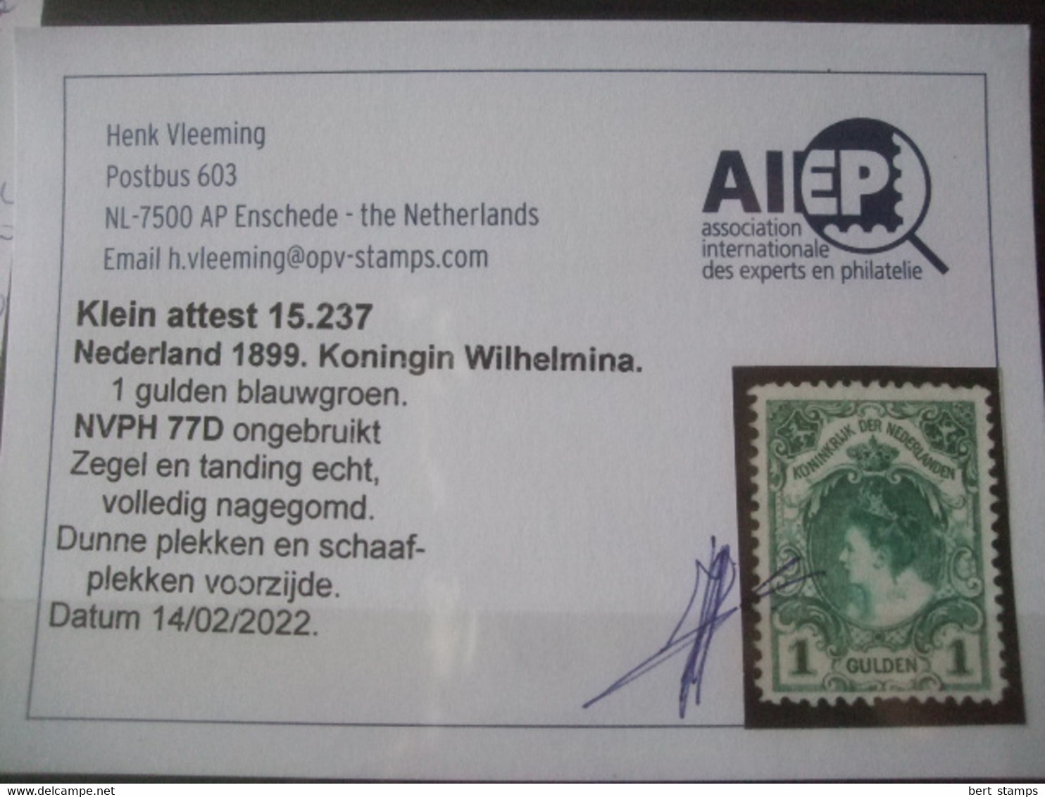 Netherlands NVPH Nr 77 With Certificate - Ongebruikt